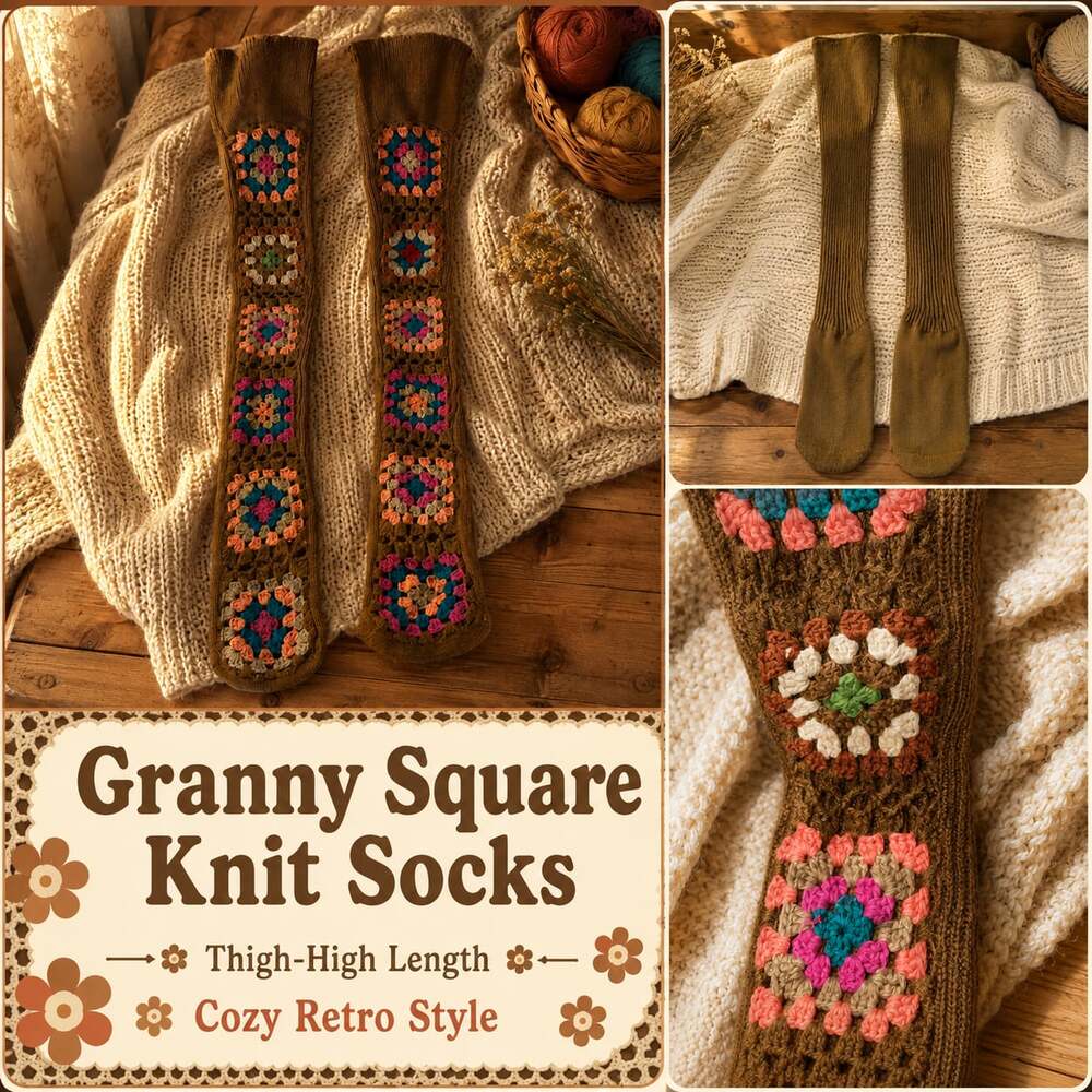 Granny Square Knit Socks Thigh-High Length Cozy Retro Style